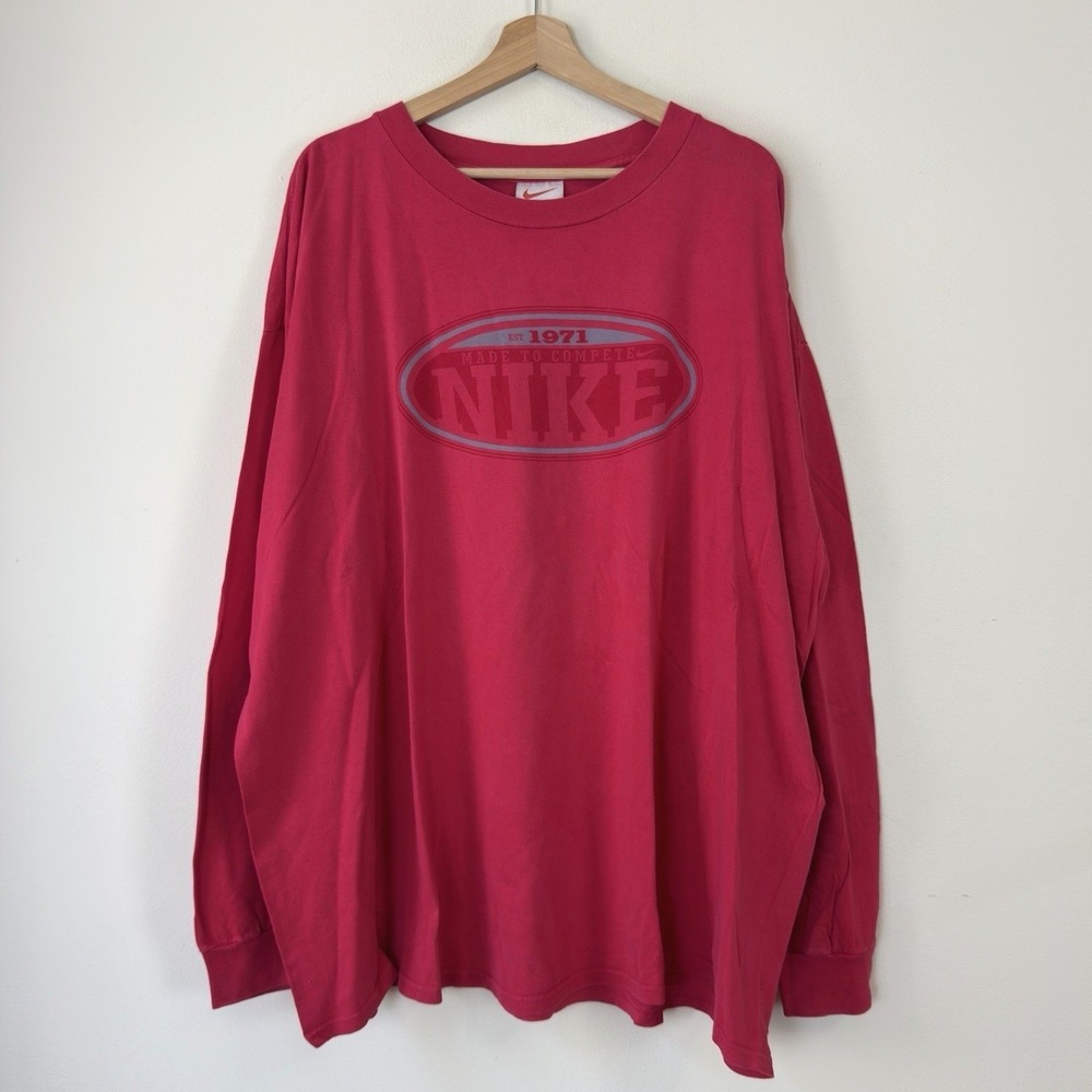 Vintage 90's Nike Logo Spellout Graphic Red Long Sleeve Tee Shirt - XXL